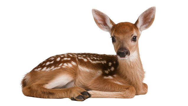 Cute spotted fawn lying down, isolated on transparent background