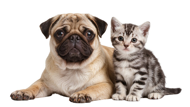 Cute pug dog and tabby kitten sitting together, isolated on transparent background