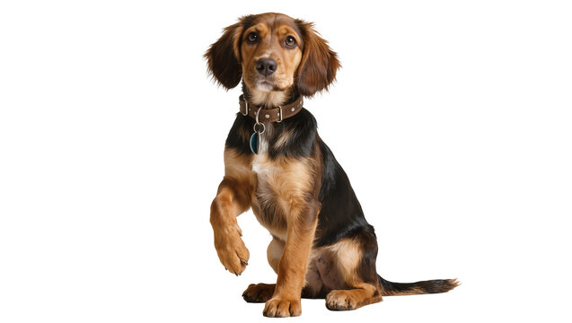 Brown and black dog with collar raising paw, isolated on transparent background