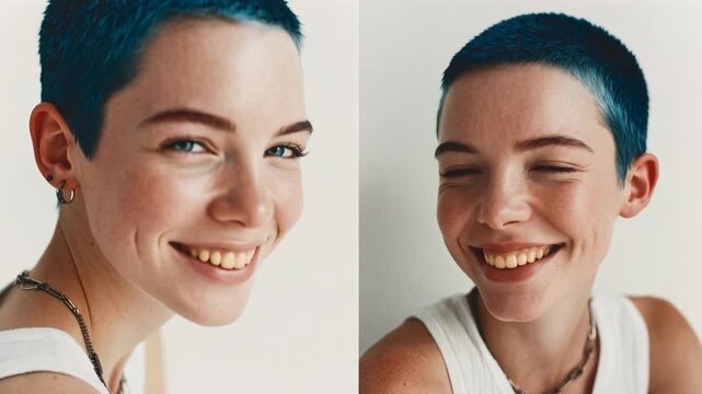 Young woman with vibrant blue short hair smiling joyfully in studio portrait. A close-up portrait captures a young woman with striking blue hair and freckles, expressing genuine happiness