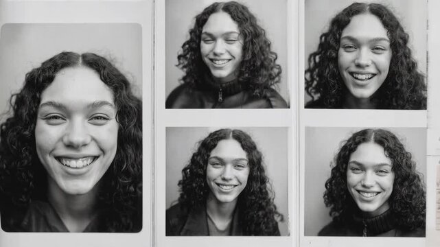 Young woman with curly hair smiles joyfully in a series of black and white portrait shots. A young woman with voluminous curly hair displays a range of genuine smiles and expressions