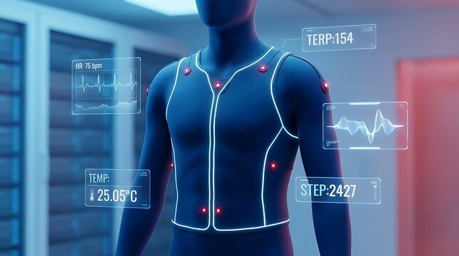 Humanoid torso wearing smart vest with real-time physiological data displayed holographically, illustrates advanced wearable