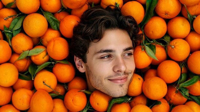Young man's face emerges from a vibrant pile of fresh oranges. A close-up view of a smiling young man's face peeking out from a large collection of ripe, juicy oranges