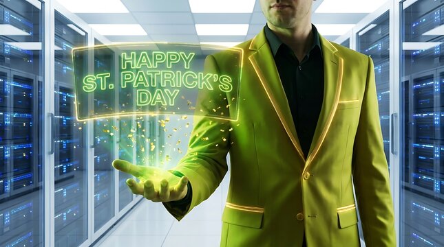 Man in green suit holding holographic 'happy st. patrick's day' message in data center with server room, information technology