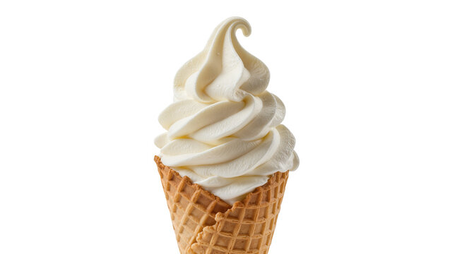 Creamy vanilla soft serve ice cream swirl in a crunchy waffle cone, isolated on transparent background