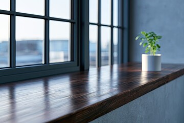 Fototapeta premium Sunlit window sill with dark wood and a small green plant in a white pot