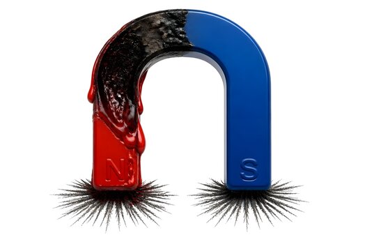 U shaped magnet attracting metal filings on white background