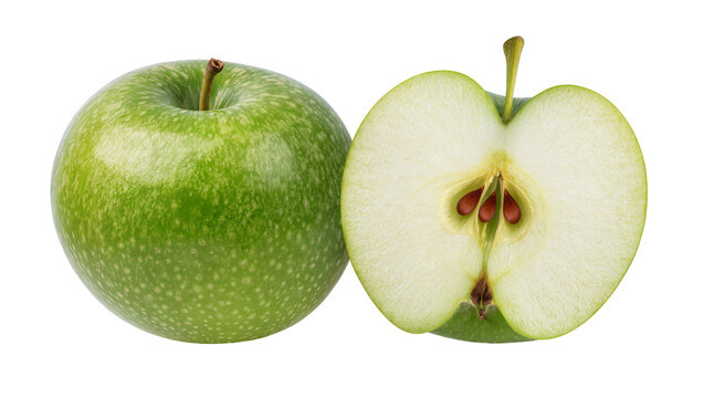 Whole green apple and half apple showing seeds, isolated on transparent background