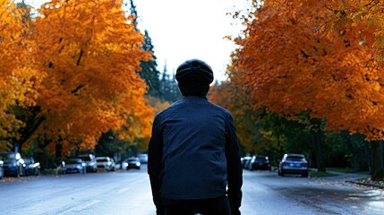 Obraz premium Cyclist on street lined with vibrant autumn trees
