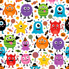 Fototapeta premium A playful Halloween pattern features colorful cartoon monsters, candy, and decorations on a white background.