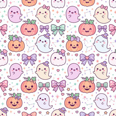 Obraz premium Halloween seamless pattern features cute ghosts, pumpkins, bows, stars on white background with whimsical designs.