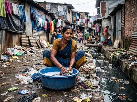 Indian woman manually washing clothes in a basin next to a heavily polluted water canal filled with garbage in a slum area.