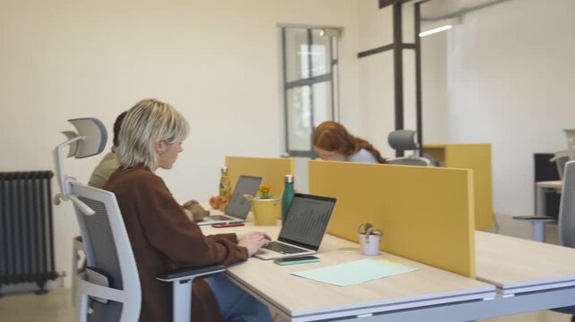 Team members working on laptops at shared desks in a modern office