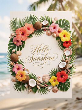 Beautiful floral wreath surrounding hello sunshine text featuring vibrant hibiscus flowers palm leaves and natural seashells in a summer photograph