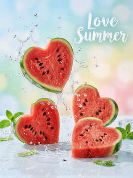 Fresh slices of red watermelon shaped like hearts splashing with water in this vibrant and refreshing summer themed food photo