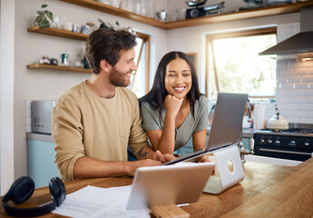 Fototapeta premium Happy, couple and reading with laptop at house for audit, finance report and online banking. Smile, people and pc for mortgage payment, financial budget and savings balance from household investment