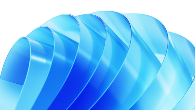 Abstract layered blue glass forms on transparent background 