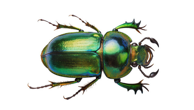 Iridescent green scarab beetle with segmented legs, isolated on transparent background