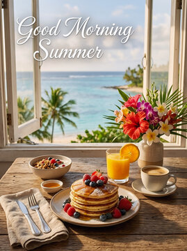 Delicious breakfast meal with pancakes and fresh berries served on a wooden table overlooking a beautiful tropical ocean beach view