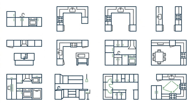 Collection of kitchen layout plans and designs.