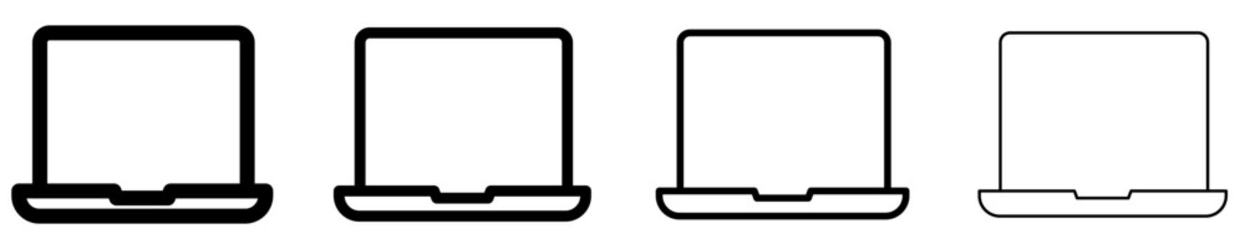 Set of laptop icons with different line weights. Portable computer, workplace, and digital technology line art. Vector.