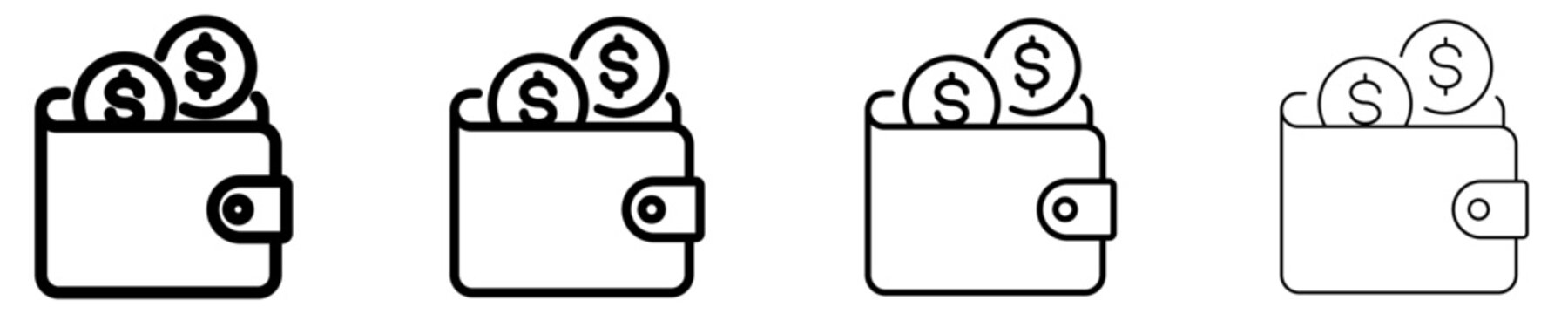 Set of wallet with dollar coins icons with different line weights. Vector.