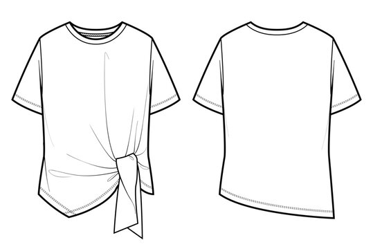 Side Tie Knot Asymmetric Hem Short Sleeve T-shirt Fashion Flat Sketch Technical Drawing Vector Illustration Front and Back View