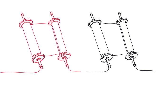 Torah Scroll Outline, Red and Black, Isolated on White Background