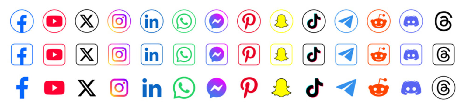 Modern social media icons collection with colorful round and square logos of Facebook, X, Instagram and TikTok for web and mobile UI design.