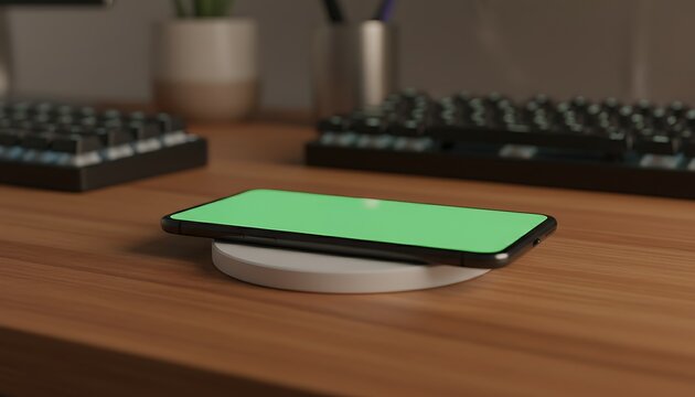 Wireless charging pad, smartphone with green screen, modern office desk setup, symbolizing technology and innovation for advertising and branding.