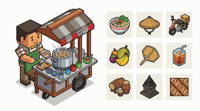 Isometric vector art of a blocky male character selling Indonesian bakso meatball soup from a food cart, featuring cultural icons like a temple, batik, and tropical fruits.