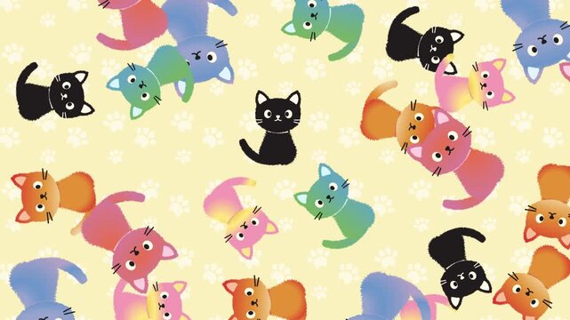 4k footage animation of Cat colourful cats. Cartoon cat characters popped one by one, wiggling wiggle and rotate rotating loop animation. Different cat`s color. Flat color simple style design