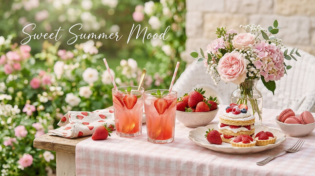Refreshing strawberry lemonade drinks served on a table with delicious pastries and fresh fruit in a beautiful outdoor garden setting