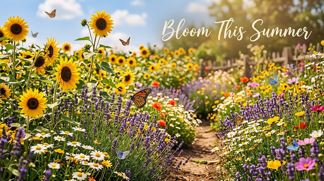 Vibrant sunflowers and lavender flowers bloom in a sunny garden field during this beautiful and warm bright summer season day