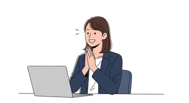 Successful businesswoman claps her hands with joy while looking at her laptop screen in a clean office setting.