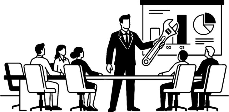 Business leader presenting technical solutions with large wrench tool