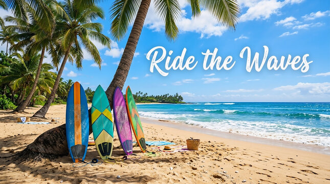 Colorful surfboards resting against a palm tree on a tropical beach during a bright and sunny summer day vacation trip
