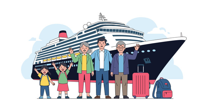 Large multi-generational family stands with suitcases in front of a massive luxury cruise ship for vacation.