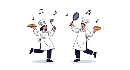 Happy chefs in white uniforms dance enthusiastically while carrying plates of food and kitchen utensils.
