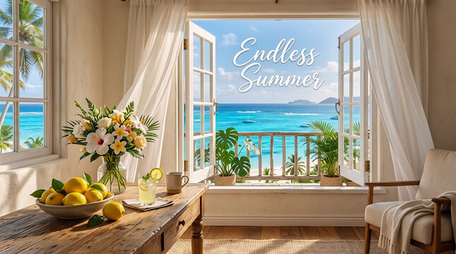 Bright open window overlooking a beautiful tropical ocean view with fresh lemons and flowers on a wooden table interior photograph