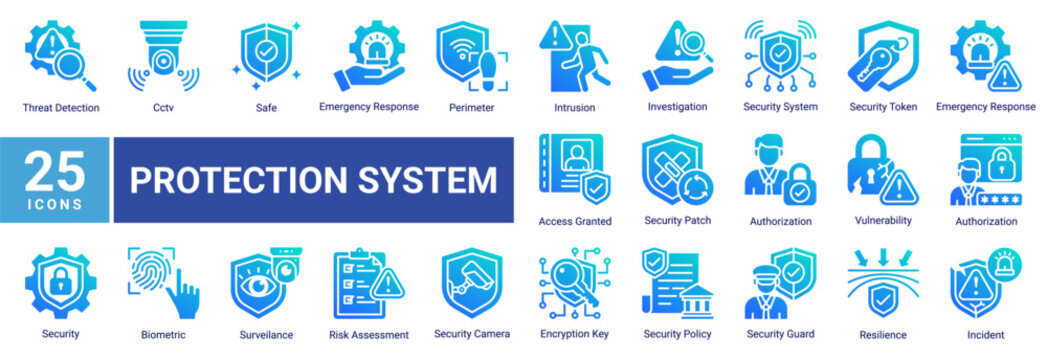 Protection System icon set vector illustration featuring cctv,threat detection,security guard,investigation,and emergency response icons for monitoring and safety design.