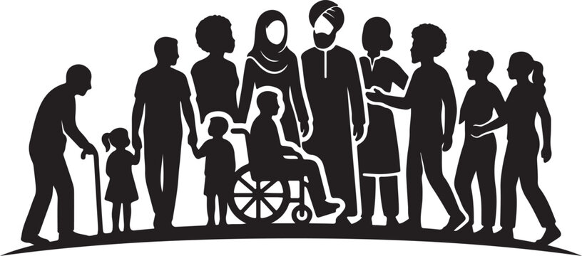 Contemporary black paper-cut silhouette of a diverse community, featuring people of all ages, cultures, and abilities standing together.