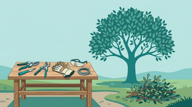 Safe pruning workstation with gardening tools and protective gear outdoors
