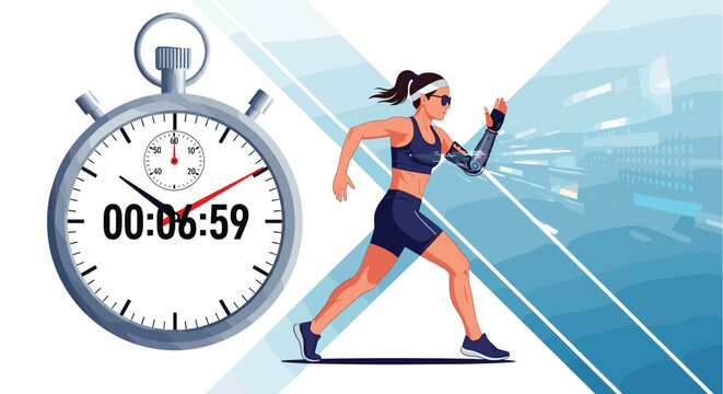 Athletic woman with a robotic prosthetic arm running determinedly past a large stopwatch during a high-speed timed training session.