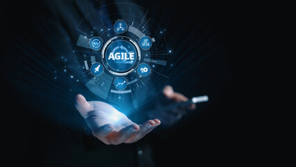 Obraz premium Agile project management using teams and agile planning for agile development. Agile enables flexibility, collaboration, and continuous improvement across modern workflows. Elide
