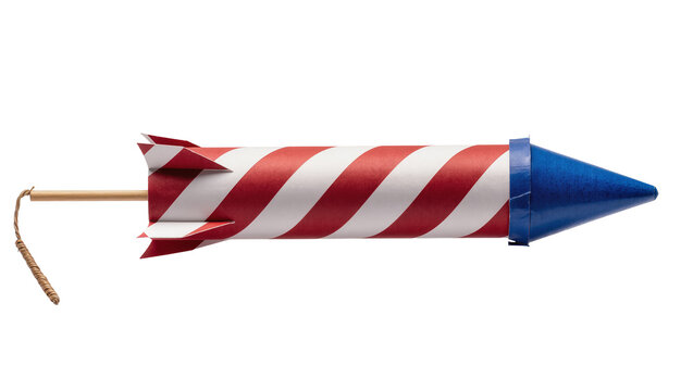 Red and white striped rocket toy with blue tip and wooden handle, isolated on transparent background