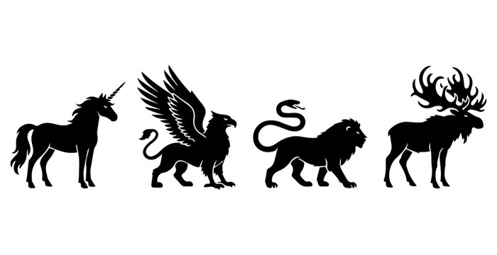 Mythical Creatures and Wild Animals Silhouette Vector Set, Black Unicorn, Griffin, Chimera Lion, and Moose Icon Bundle for Logo and Tattoo Design