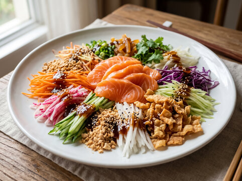 A beautiful plate of traditional Yee Sang prosperity toss salad, featuring raw salmon slices, shredded colorful vegetables, and crispy toppings.