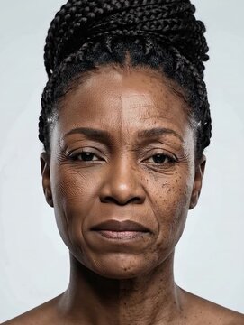 Mature woman split face portrait showing aging braided hair neutral studio background progressive expression shifts from neutral to gentle smile visible wrinkles age spots skin texture roles implied
