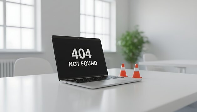 Laptop with 404 error on screen, two orange traffic cones on desk, modern office background, symbolizing website error, technical issue, and online problem